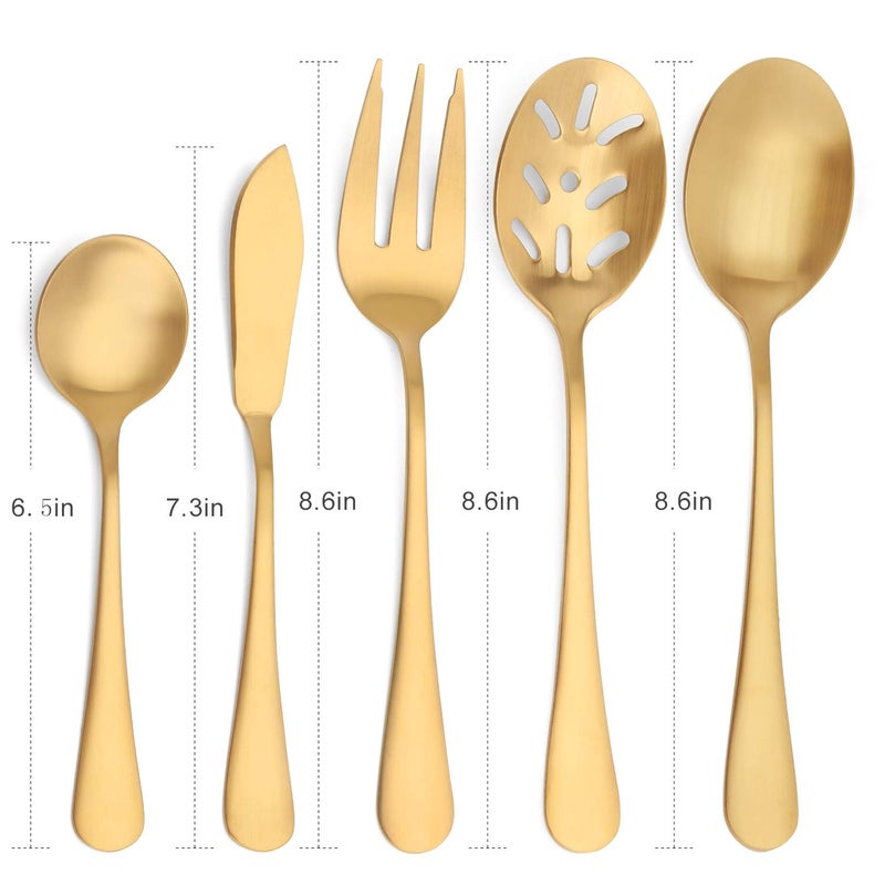 sharecook Matte Gold Serving Setï¼ŒSHARECOOK 5-Piece 18/0 Stainless Steel Large Hostess Set with Round Edge, Satin Finished, Dishwasher Safe -Spoons, Forks,Butter Knife& Slotted Spoon - Image 2